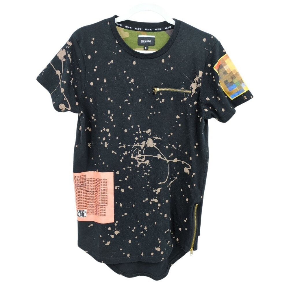 Rise As 1ne Men Small Colored Paint Patched Zipper Yeezy‎ Longline T Shirt Black